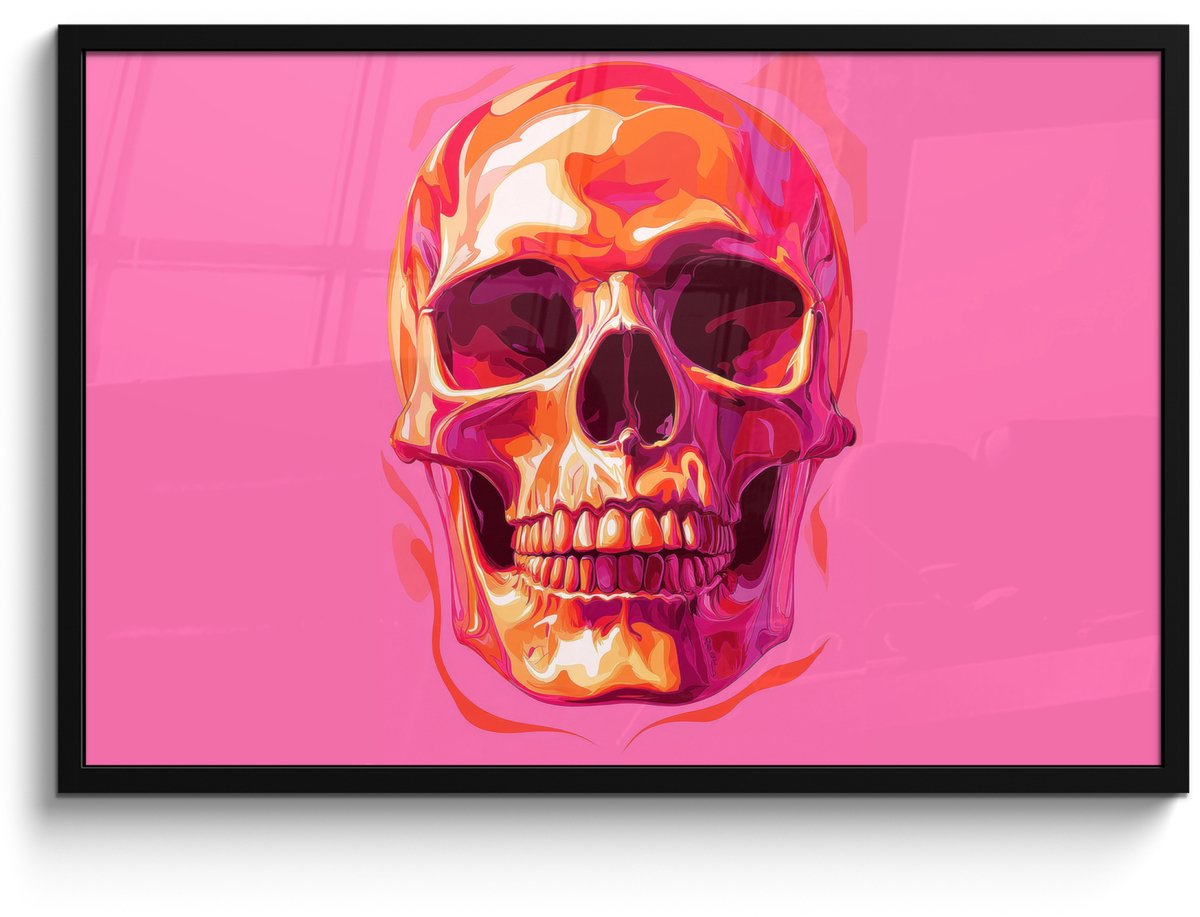 FrameYourWall Poster in lijst - Fotolijst 90x60 cm - Posters - Felroze - Tanden - Schedel - Posterlijst zwart - Decoratie - Wanddecoratie woonkamer - Muurdecoratie slaapkamer