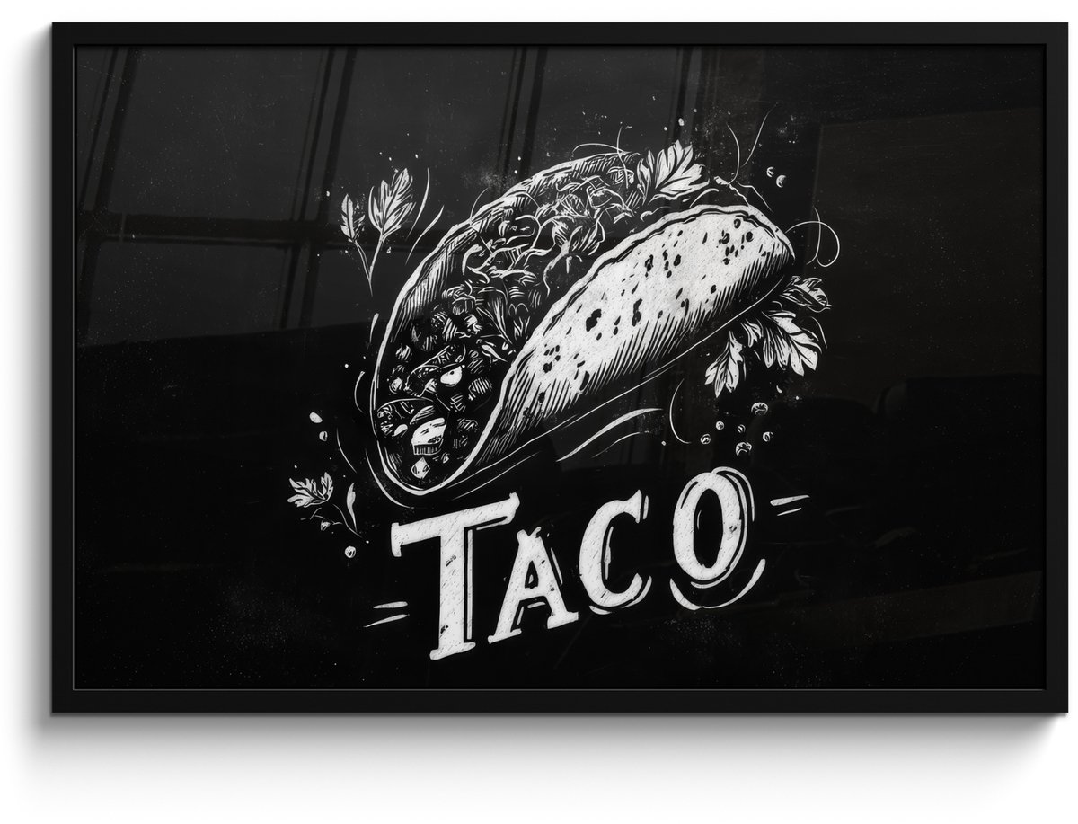 FrameYourWall Poster in lijst - Fotolijst 90x60 cm - Posters - Taco - Kruiden - Witte krijtstijl - Tekst - Posterlijst zwart - Decoratie - Wanddecoratie woonkamer - Muurdecoratie slaapkamer