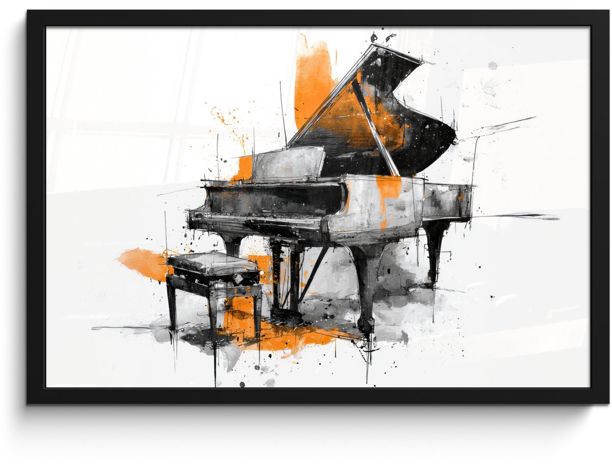 FrameYourWall Poster in lijst - Fotolijst 60x40 cm - Posters - Piano - Oranje - Zwart - schets lijnen - Posterlijst zwart - Decoratie - Wanddecoratie woonkamer - Muurdecoratie slaapkamer
