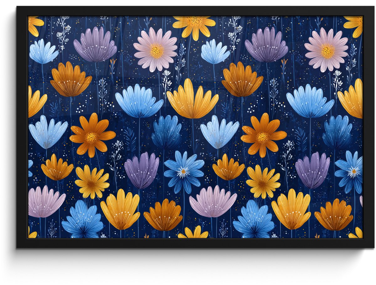 FrameYourWall Poster in lijst - Fotolijst 60x40 cm - Posters - Bloemen - Patroon - Blauw - Contrast - Posterlijst zwart - Decoratie - Wanddecoratie woonkamer - Muurdecoratie slaapkamer Bloemen - Patroon - Contrast