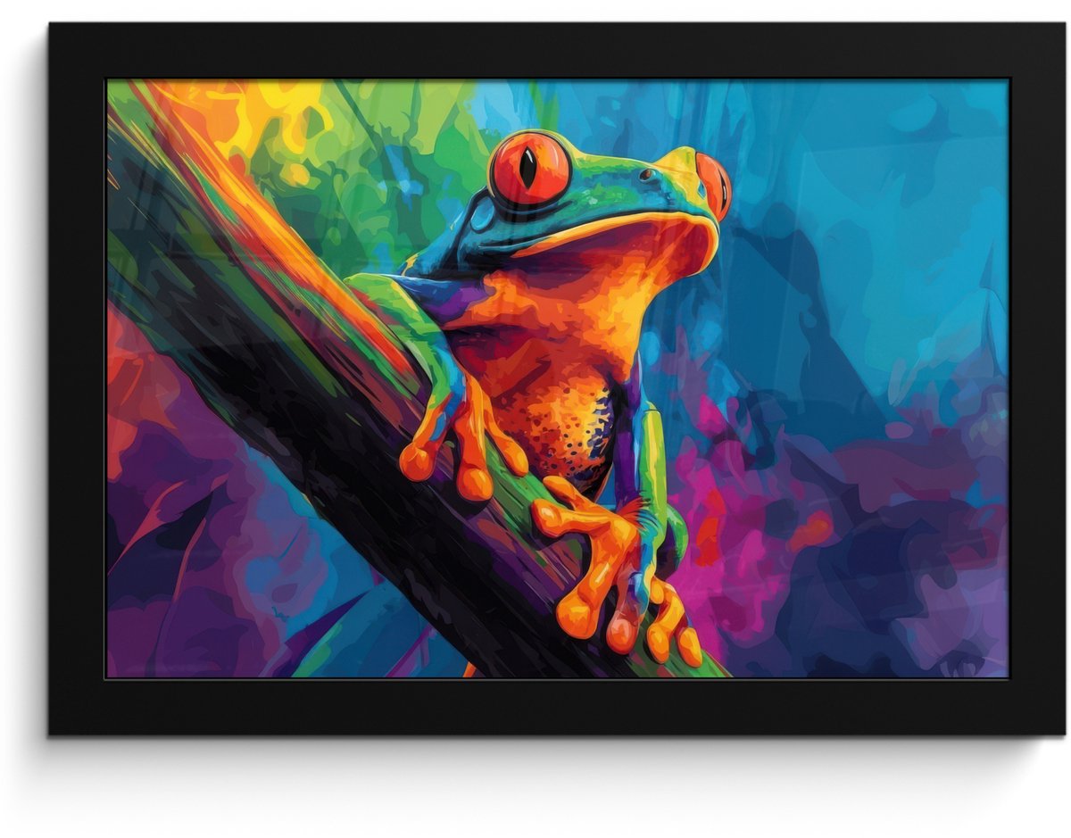 FrameYourWall Poster in lijst - Fotolijst 30x20 cm - Posters - Kikker - Felgekleurd - Tak - Regenboog - Posterlijst zwart - Decoratie - Wanddecoratie woonkamer - Muurdecoratie slaapkamer Kikker - Kleurrijk