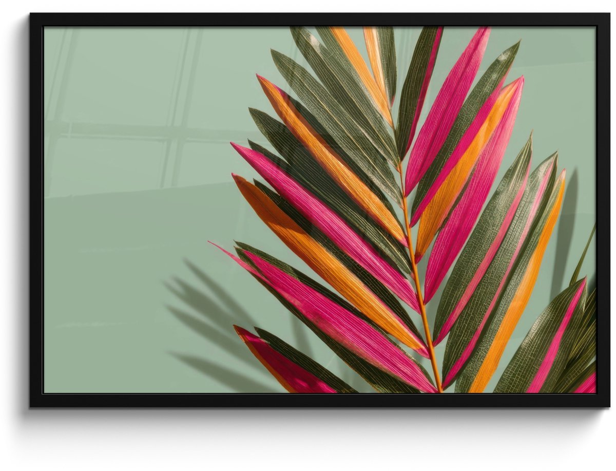 FrameYourWall Poster in lijst - Fotolijst 90x60 cm - Posters - Tak - Bladeren - Kleurrijk - Schaduw - Posterlijst zwart - Decoratie - Wanddecoratie woonkamer - Muurdecoratie slaapkamer
