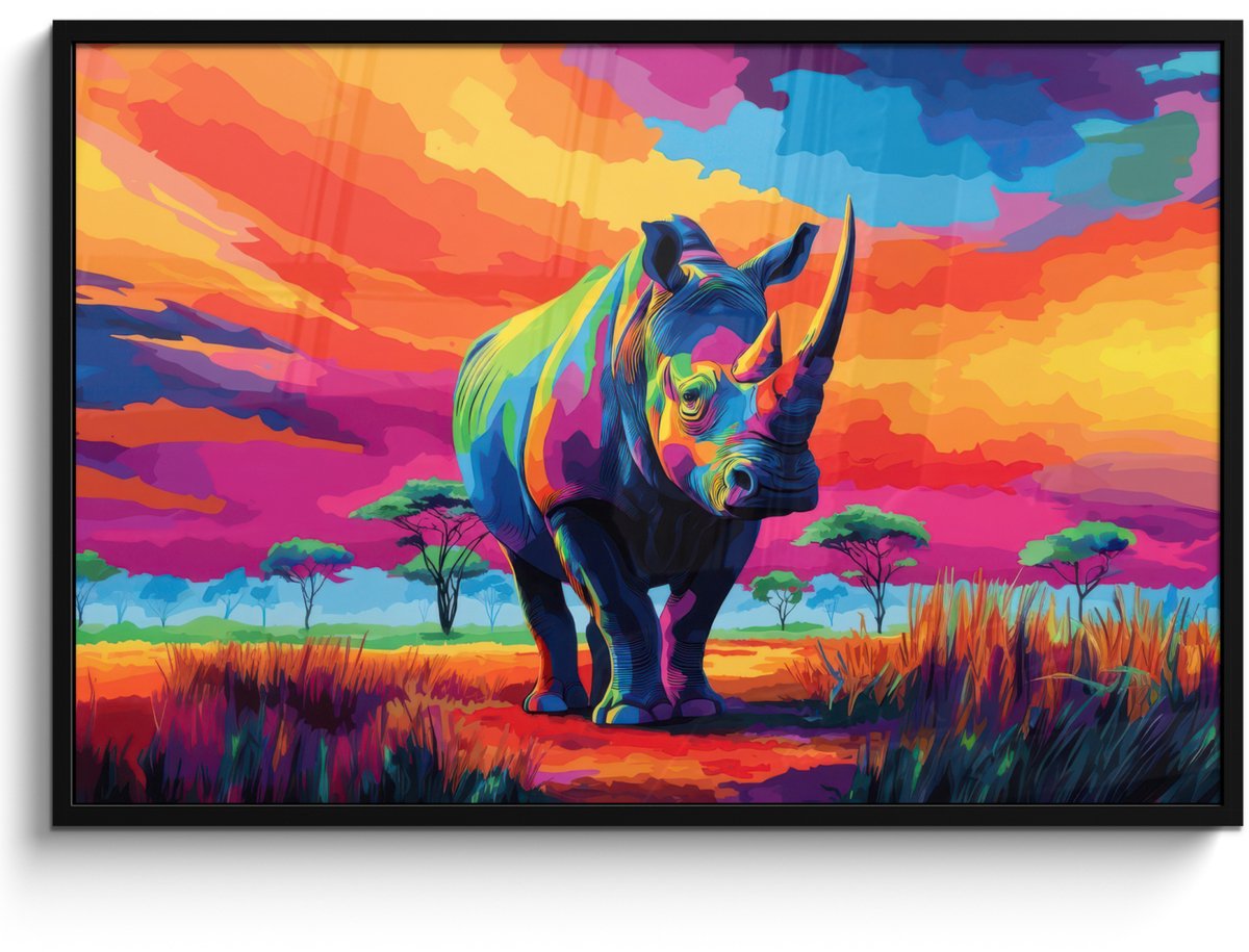 FrameYourWall Poster in lijst - Fotolijst 120x80 cm - Posters - Neushoorn - Zonsondergang - Savanna - Kleurrijk - Posterlijst zwart - Decoratie - Wanddecoratie woonkamer - Muurdecoratie slaapkamer Neushoorn - Kleurrijk