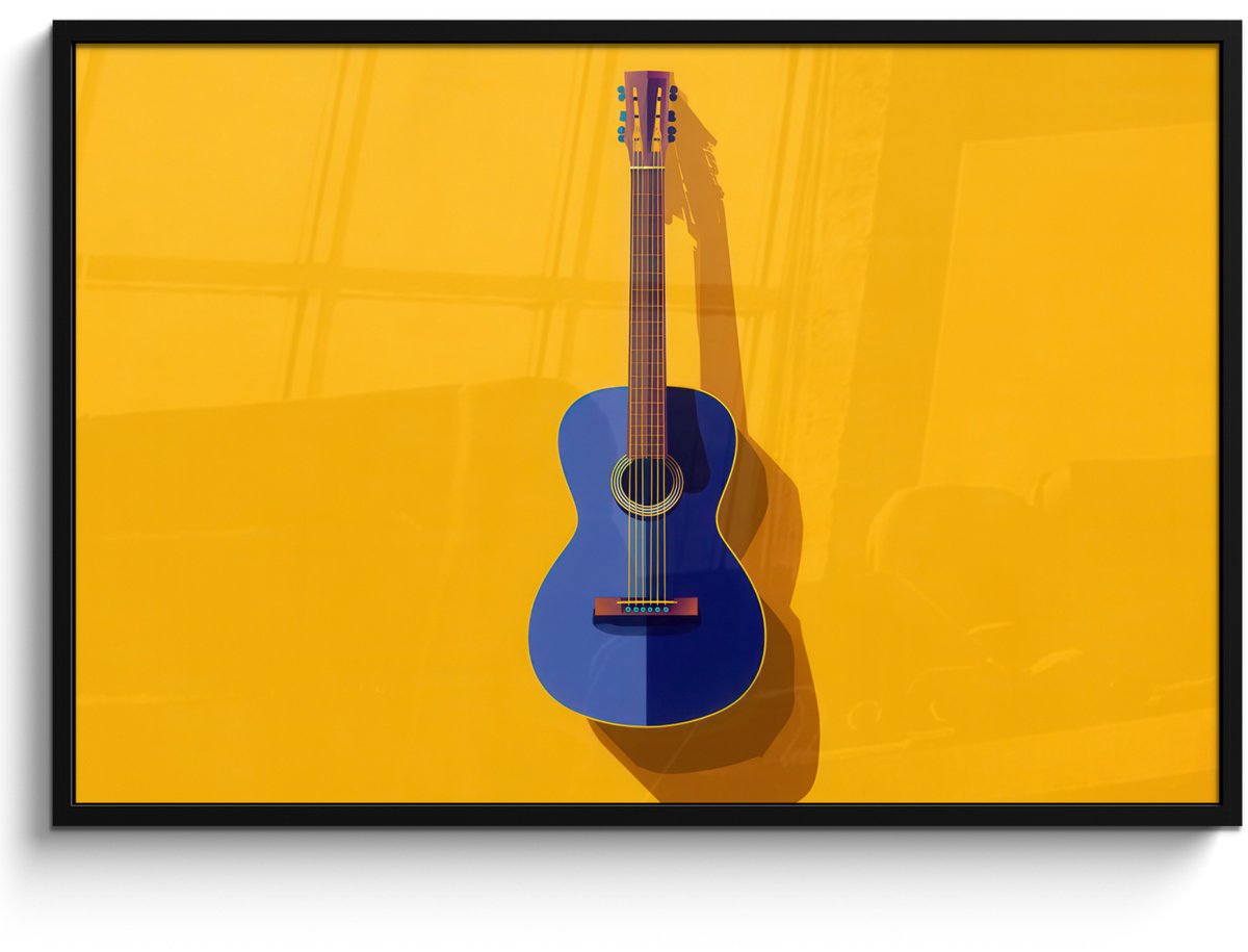 FrameYourWall Poster in lijst - Fotolijst 120x80 cm - Posters - Gitaar - Akoestisch - Minimalistisch - Geel - Posterlijst zwart - Decoratie - Wanddecoratie woonkamer - Muurdecoratie slaapkamer - Kerstversiering - Kerstdecoratie voor binnen - Kerstmis