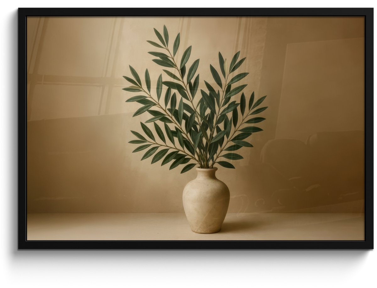 FrameYourWall Poster in lijst - Fotolijst 90x60 cm - Posters - Vaas - Olijftakken - Bladeren - Beige - Posterlijst zwart - Decoratie - Wanddecoratie woonkamer - Muurdecoratie slaapkamer