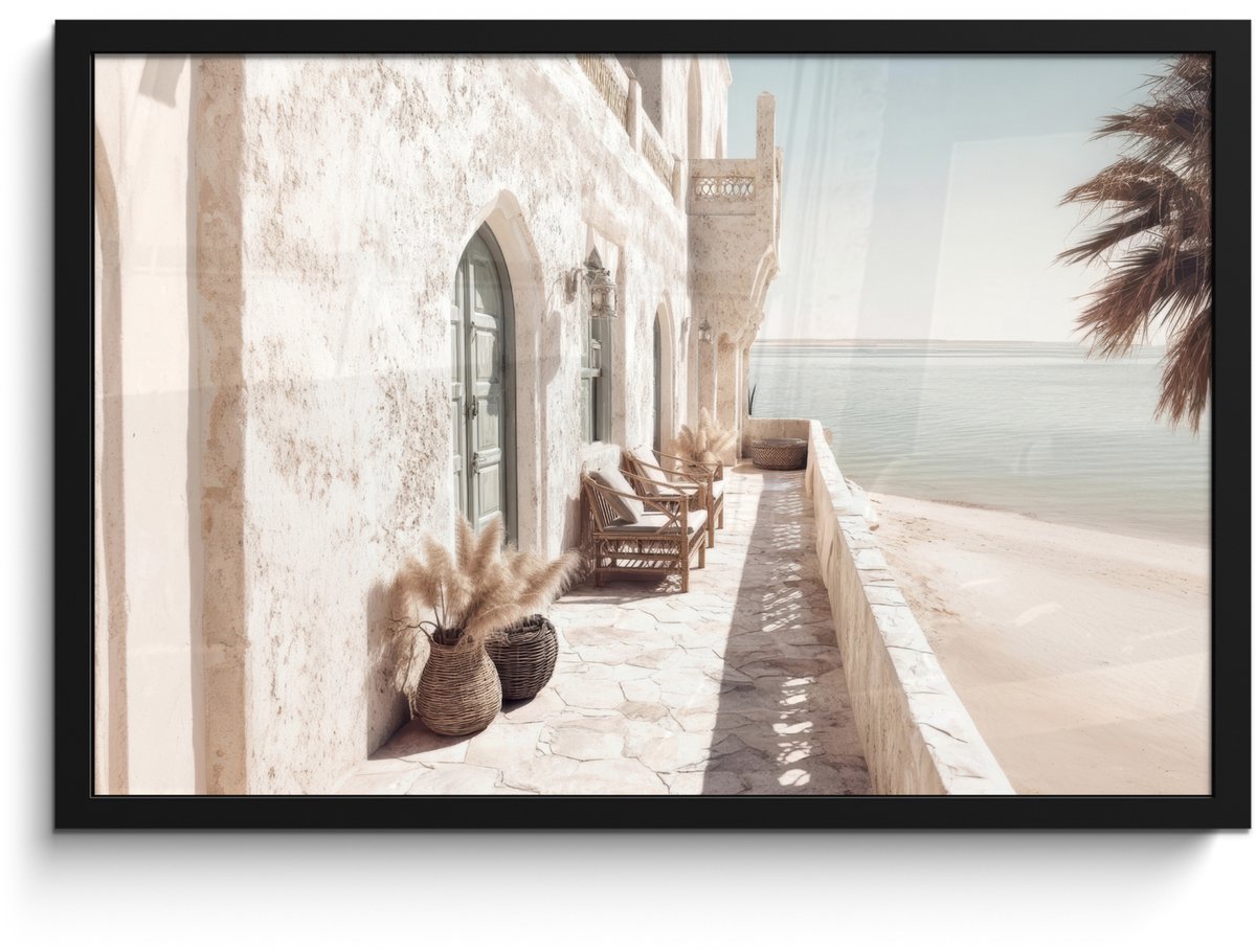 FrameYourWall Poster in lijst - Fotolijst 60x40 cm - Posters - Terras - Stoelen - Strand - Beige - Posterlijst zwart - Decoratie - Wanddecoratie woonkamer - Muurdecoratie slaapkamer Huis - Stoelen - Strand