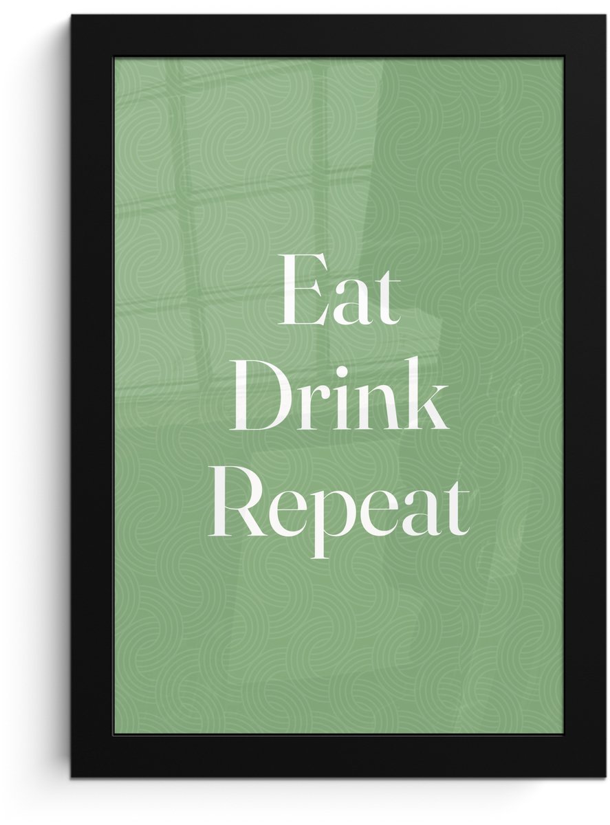 FrameYourWall Poster in lijst - Fotolijst 20x30 cm - Posters - Eten - Drinken - Tekst - Mintgroen - Posterlijst zwart - Decoratie - Wanddecoratie woonkamer - Muurdecoratie slaapkamer Tekst - Eat Drink Repeat