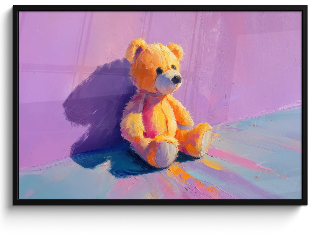 FrameYourWall Poster in lijst - Fotolijst 120x80 cm - Posters - Teddybeer - Schaduw - Penseelstreken - Paars - Posterlijst zwart - Decoratie - Wanddecoratie woonkamer - Muurdecoratie slaapkamer