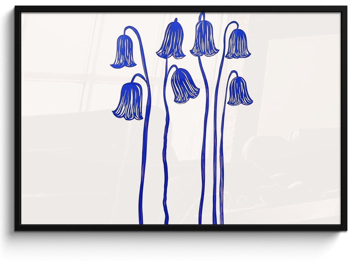 FrameYourWall Poster in lijst - Fotolijst 120x80 cm - Posters - Bloemen - Blauw - Lijnen - Bloemblaadjes - Posterlijst zwart - Decoratie - Wanddecoratie woonkamer - Muurdecoratie slaapkamer Bloemen - Bloemblaadjes