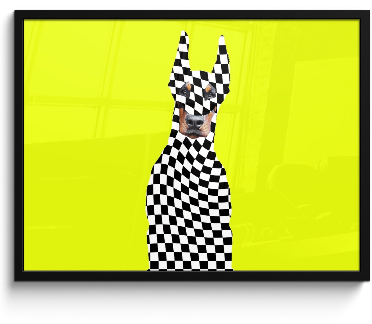 FrameYourWall Poster in lijst - Fotolijst 80x60 cm - Posters - Dobermann - Geblokt - Geel - Posterlijst zwart - Decoratie - Wanddecoratie woonkamer - Muurdecoratie slaapkamer Hond - Geblokt
