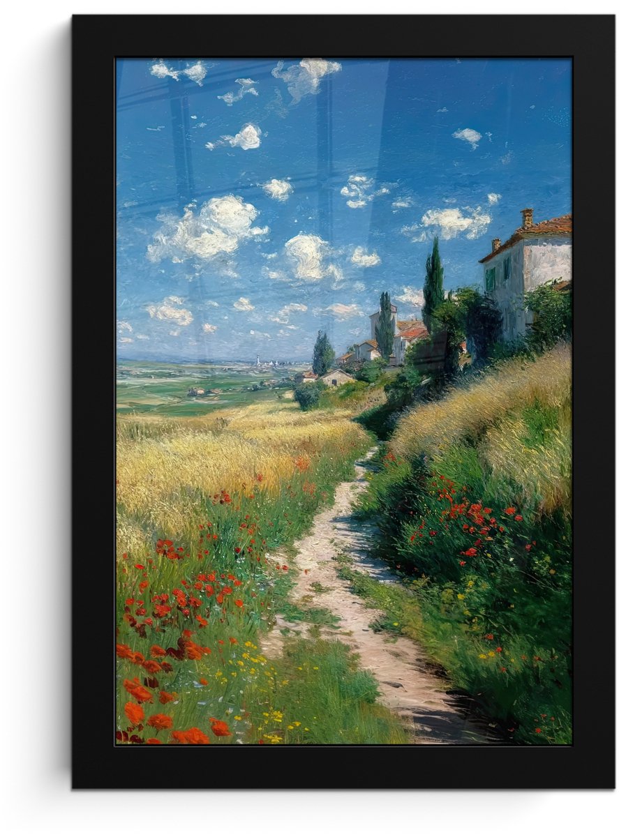 FrameYourWall Poster in lijst - Fotolijst 20x30 cm - Posters - Zandpad - Huis - Bomen - Grasveld - Posterlijst zwart - Decoratie - Wanddecoratie woonkamer - Muurdecoratie slaapkamer