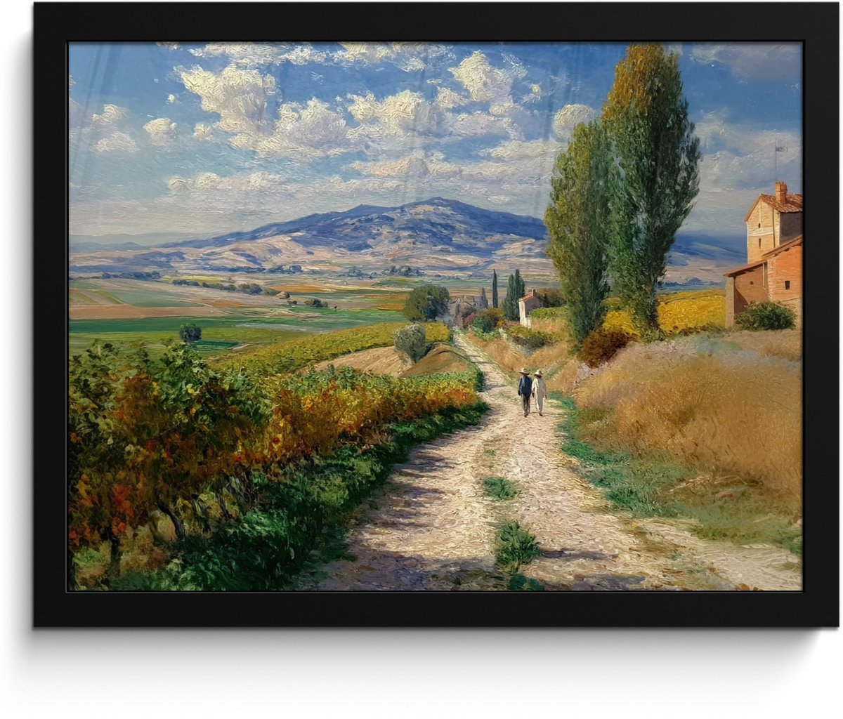 FrameYourWall Poster in lijst - Fotolijst 40x30 cm - Posters - Mensen - Wandelen - Zandpad - Velden - Posterlijst zwart - Decoratie - Wanddecoratie woonkamer - Muurdecoratie slaapkamer Zandpad - Velden - Bergen