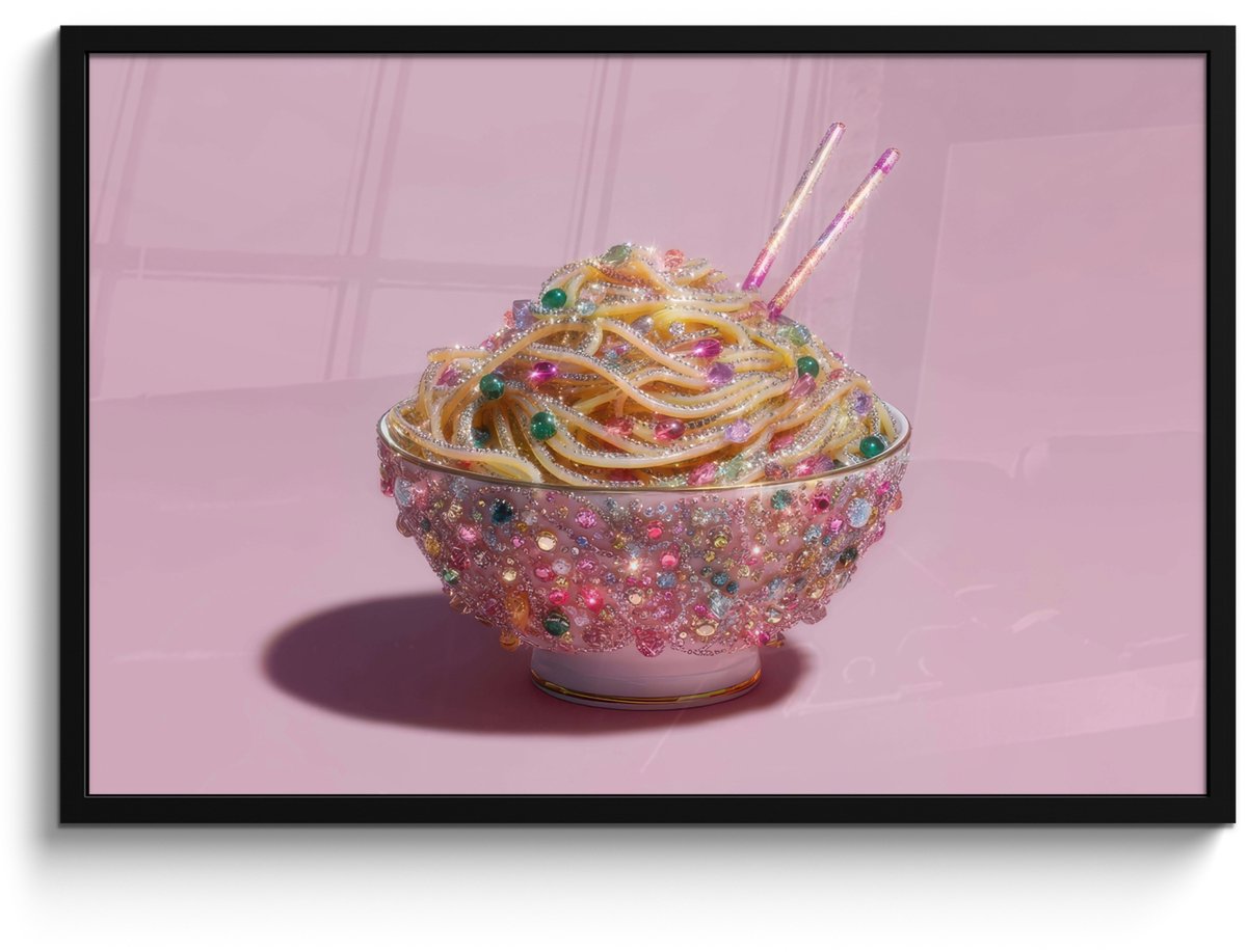 FrameYourWall Poster in lijst - Fotolijst 90x60 cm - Posters - Noodles - Edelstenen - Stokjes - Roze - Posterlijst zwart - Decoratie - Wanddecoratie woonkamer - Muurdecoratie slaapkamer