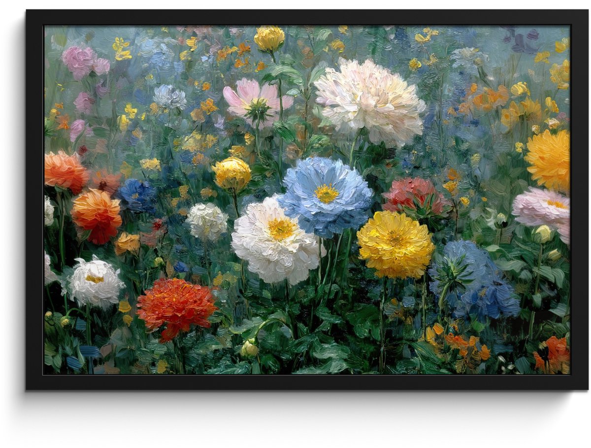 FrameYourWall Poster in lijst - Fotolijst 60x40 cm - Posters - Close-up - Veld - Bloemen - Kleurrijk - Posterlijst zwart - Decoratie - Wanddecoratie woonkamer - Muurdecoratie slaapkamer