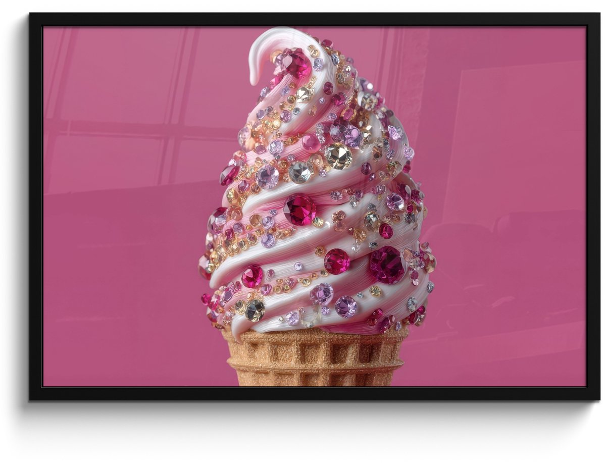 FrameYourWall Poster in lijst - Fotolijst 90x60 cm - Posters - Softijs - Edelstenen - Roze - Hoorntje - Posterlijst zwart - Decoratie - Wanddecoratie woonkamer - Muurdecoratie slaapkamer