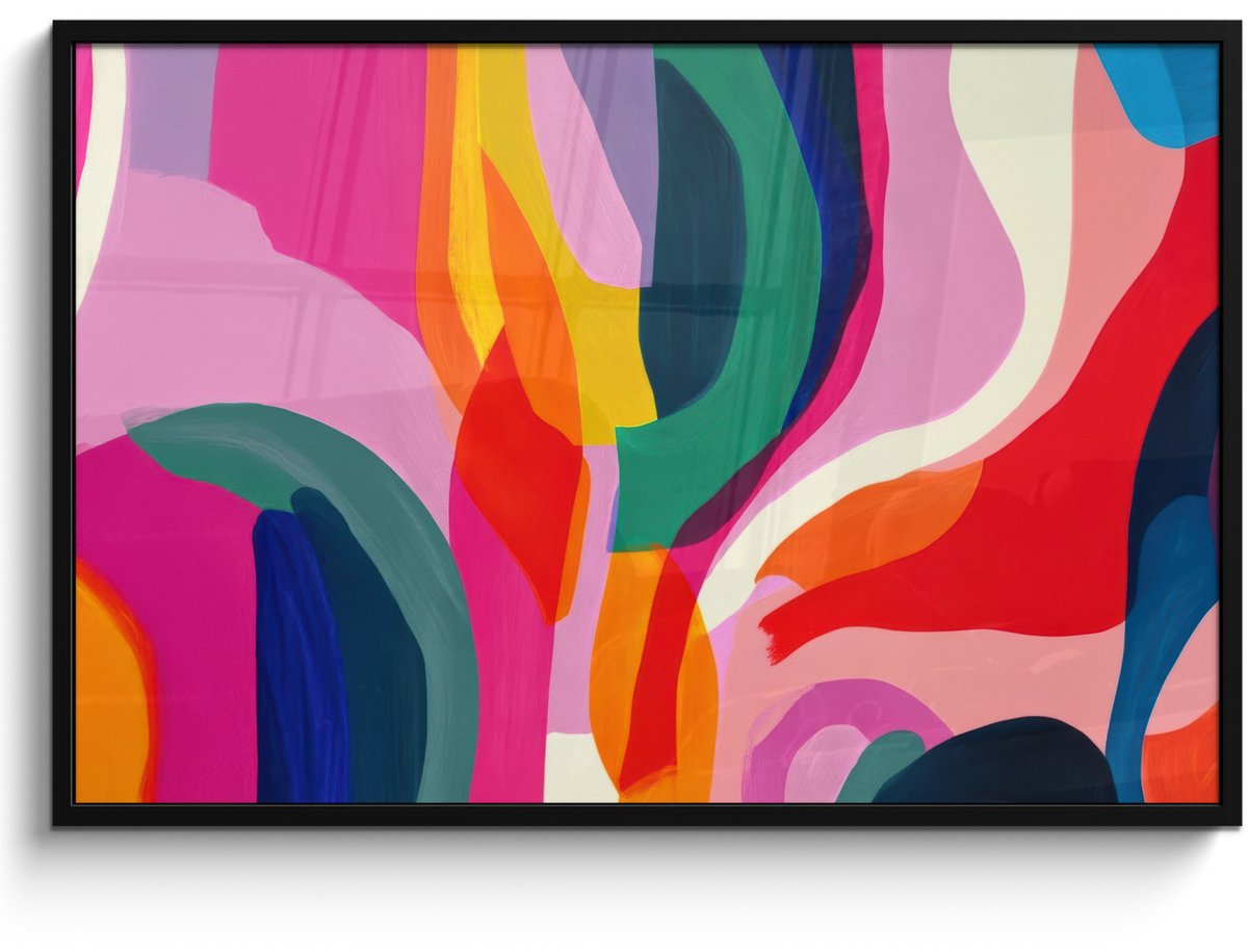 FrameYourWall Poster in lijst - Fotolijst 120x80 cm - Posters - Vormen - Golvend - Abstract - Felroze - Posterlijst zwart - Decoratie - Wanddecoratie woonkamer - Muurdecoratie slaapkamer