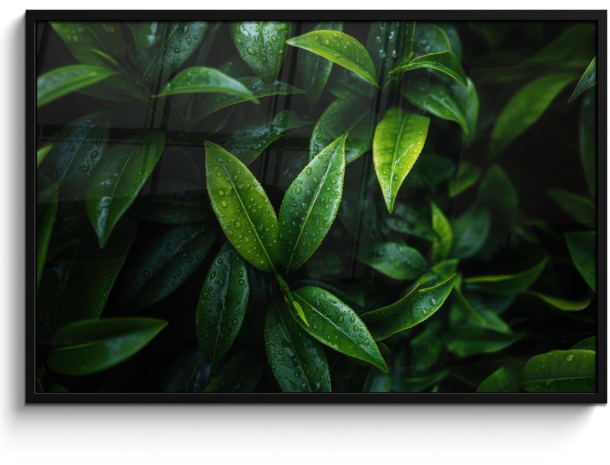 FrameYourWall Poster in lijst - Fotolijst 120x80 cm - Posters - Bladeren - Regendruppels - Licht - Groen - Posterlijst zwart - Decoratie - Wanddecoratie woonkamer - Muurdecoratie slaapkamer