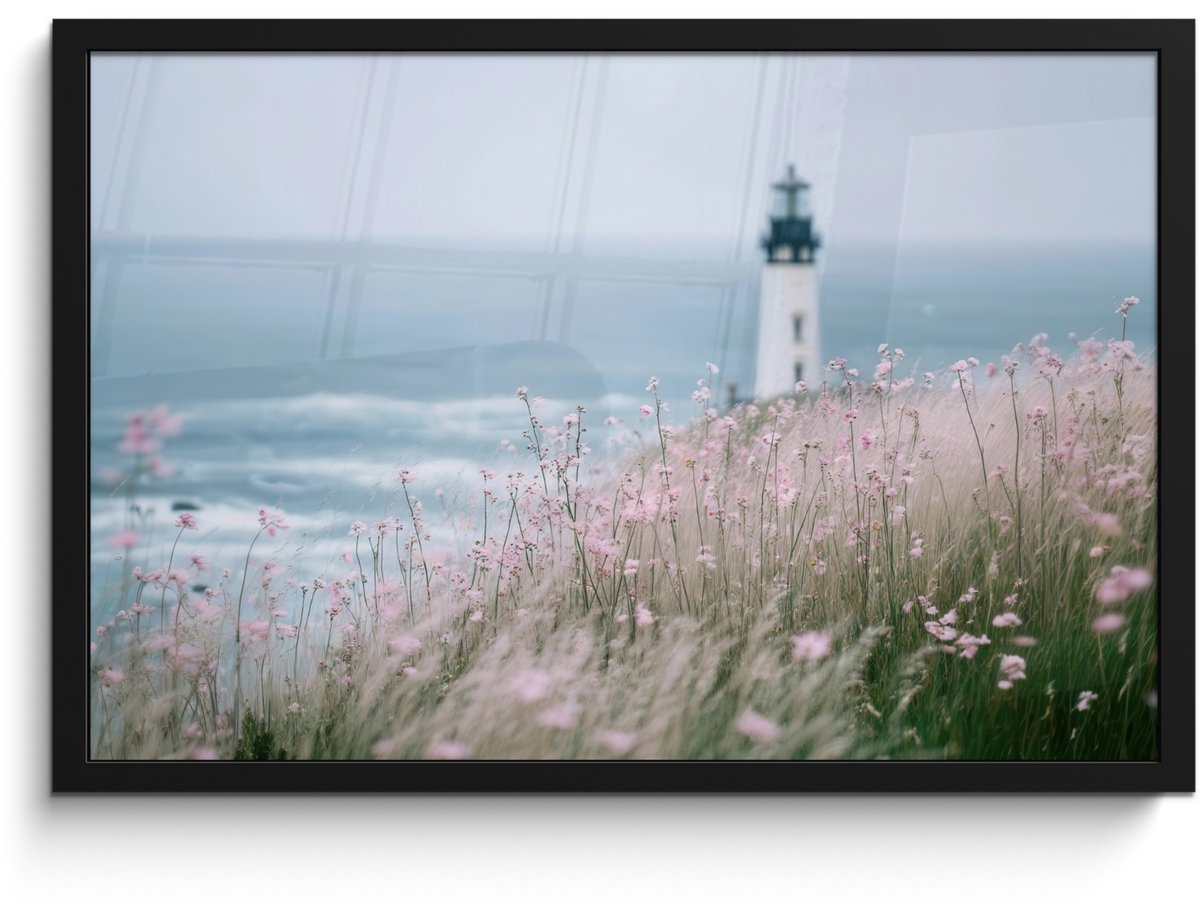 FrameYourWall Poster in lijst - Fotolijst 60x40 cm - Posters - Vuurtoren - Klif - Zee - Bloemen - Posterlijst zwart - Decoratie - Wanddecoratie woonkamer - Muurdecoratie slaapkamer Vuurtoren - Zee - Bloemen