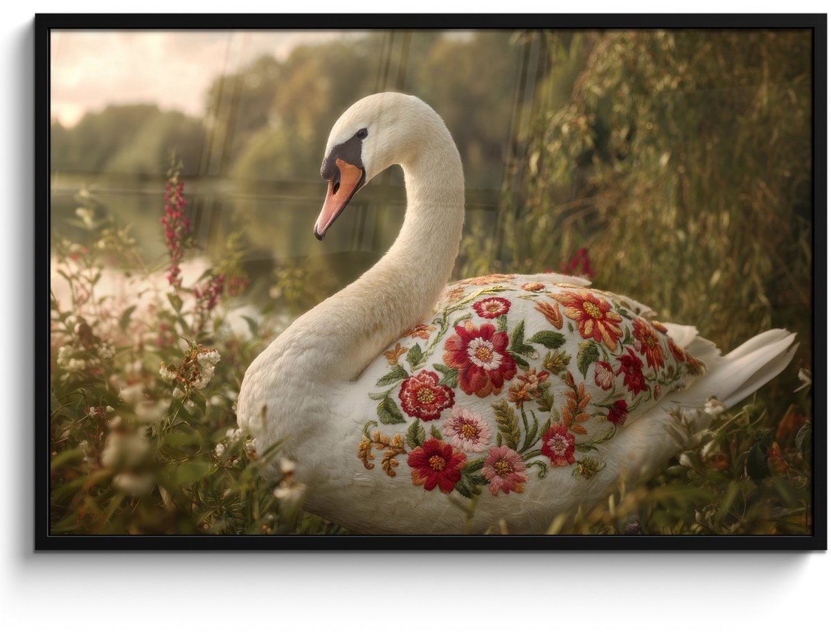 FrameYourWall Poster in lijst - Fotolijst 120x80 cm - Posters - Zwaan - Bloemen - Natuur - Posterlijst zwart - Decoratie - Wanddecoratie woonkamer - Muurdecoratie slaapkamer
