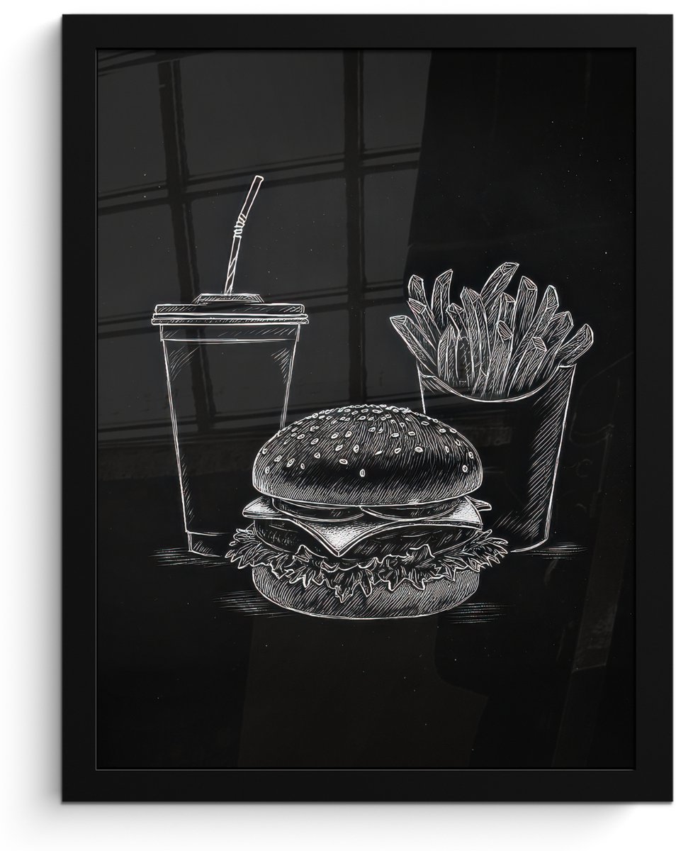 FrameYourWall Poster in lijst - Fotolijst 30x40 cm - Posters - Hamburger - Friet - Frisdrank - Krijttekening - Posterlijst zwart - Decoratie - Wanddecoratie woonkamer - Muurdecoratie slaapkamer