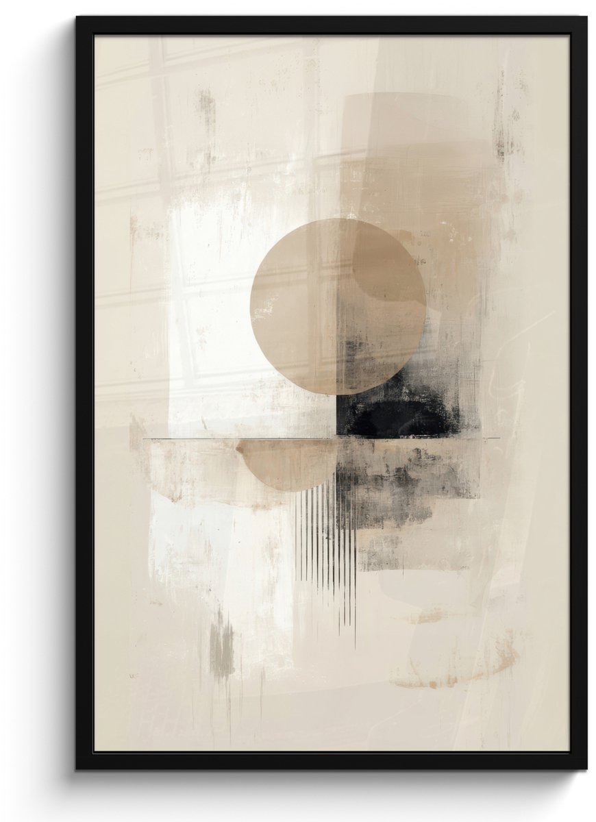 FrameYourWall Poster in lijst - Fotolijst 60x90 cm - Posters - Cirkel - Compositie - Diepte - Beige - Posterlijst zwart - Decoratie - Wanddecoratie woonkamer - Muurdecoratie slaapkamer