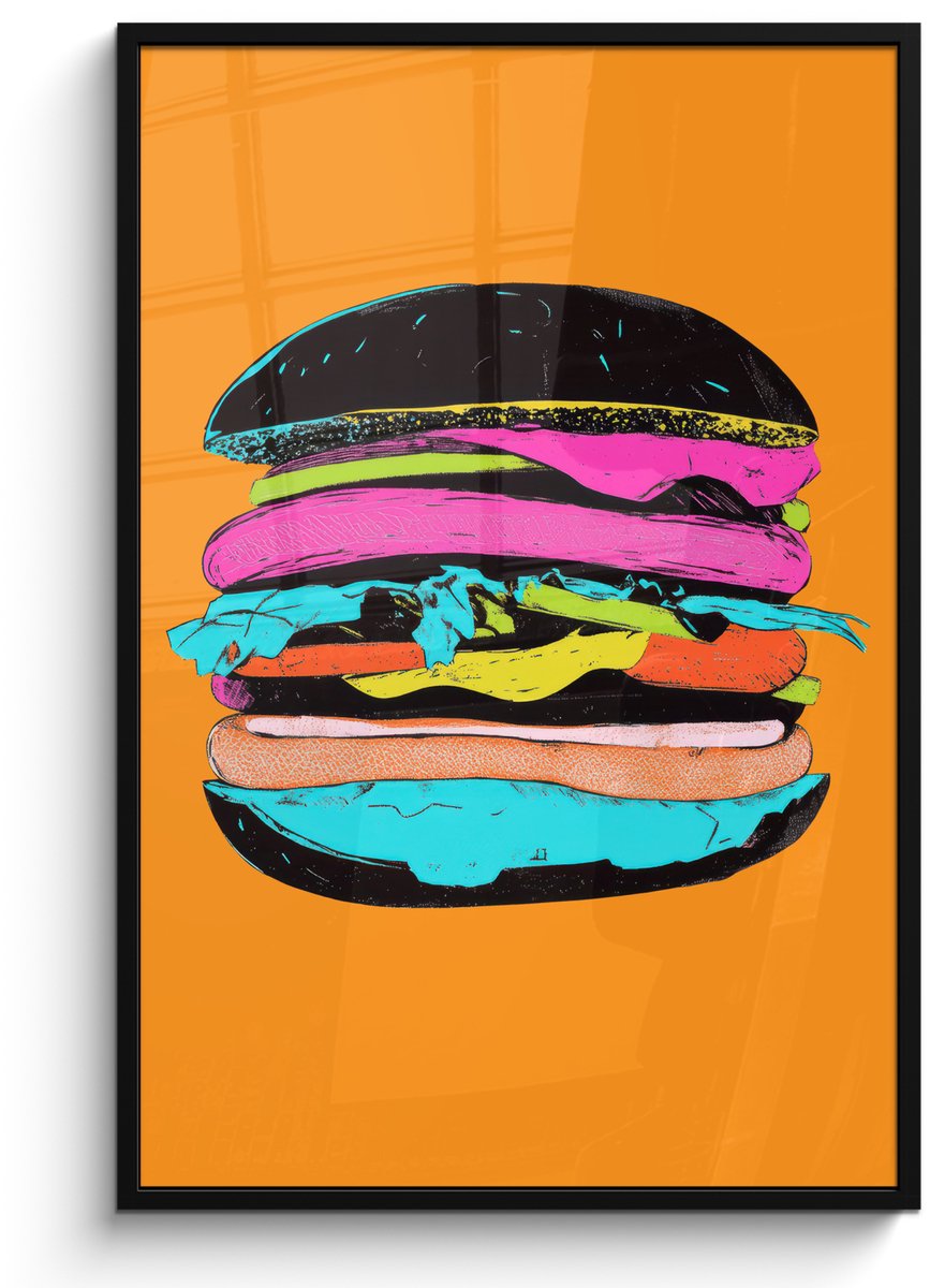 FrameYourWall Poster in lijst - Fotolijst 80x120 cm - Posters - Hamburger - Kleurrijk - Speels - Posterlijst zwart - Decoratie - Wanddecoratie woonkamer - Muurdecoratie slaapkamer