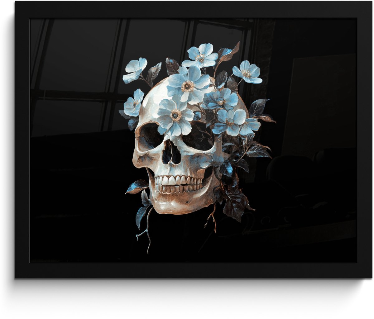 FrameYourWall Poster in lijst - Fotolijst 40x30 cm - Posters - Schedel - Blauw - Bloemen - Bladeren - Posterlijst zwart - Decoratie - Wanddecoratie woonkamer - Muurdecoratie slaapkamer