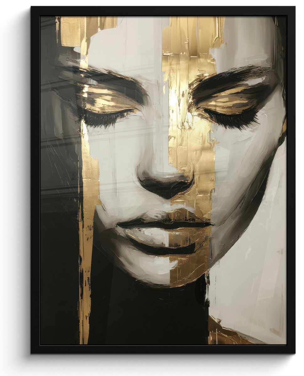 FrameYourWall Poster in lijst - Fotolijst 60x80 cm - Posters - Ogen - Gezicht - Goud - Strepen - Posterlijst zwart - Decoratie - Wanddecoratie woonkamer - Muurdecoratie slaapkamer