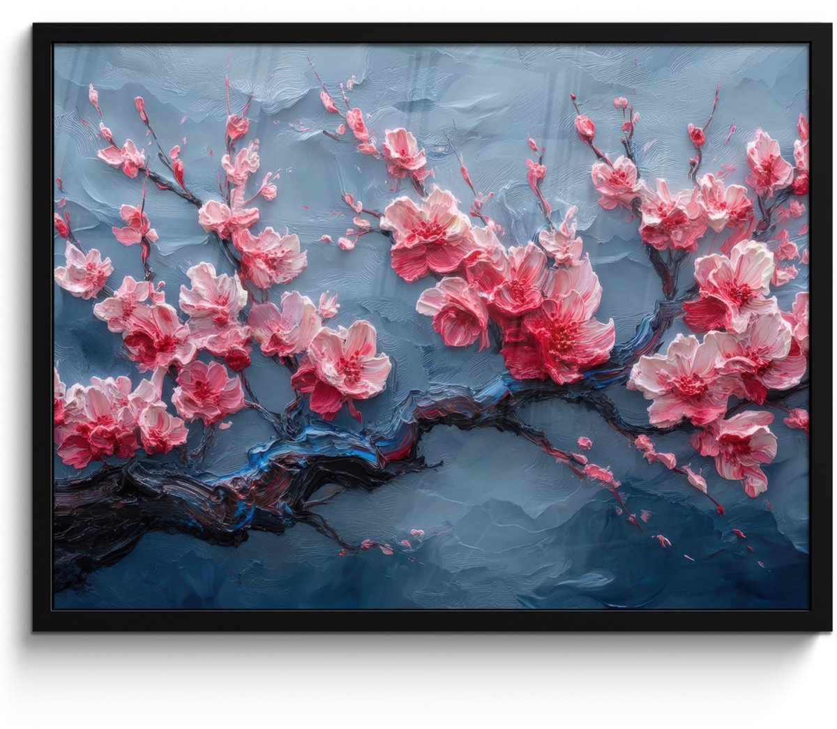 FrameYourWall Poster in lijst - Fotolijst 80x60 cm - Posters - Bloesem - Bloem - Roze - Tak - Posterlijst zwart - Decoratie - Wanddecoratie woonkamer - Muurdecoratie slaapkamer Bloesem - Tak