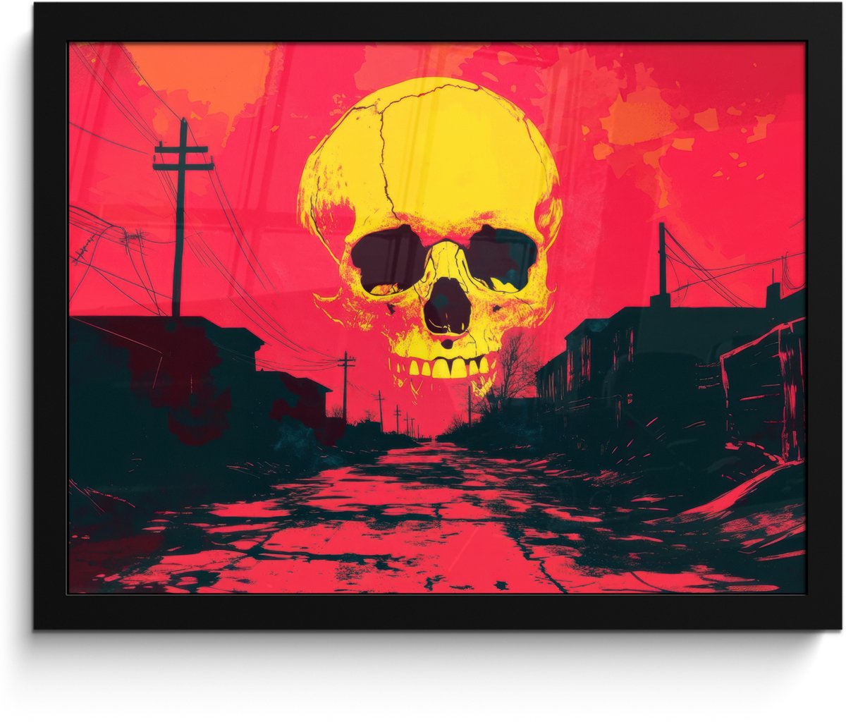 FrameYourWall Poster in lijst - Fotolijst 40x30 cm - Posters - Straat - Verlaten - Schedel - Geel - Posterlijst zwart - Decoratie - Wanddecoratie woonkamer - Muurdecoratie slaapkamer Schedel - Straat