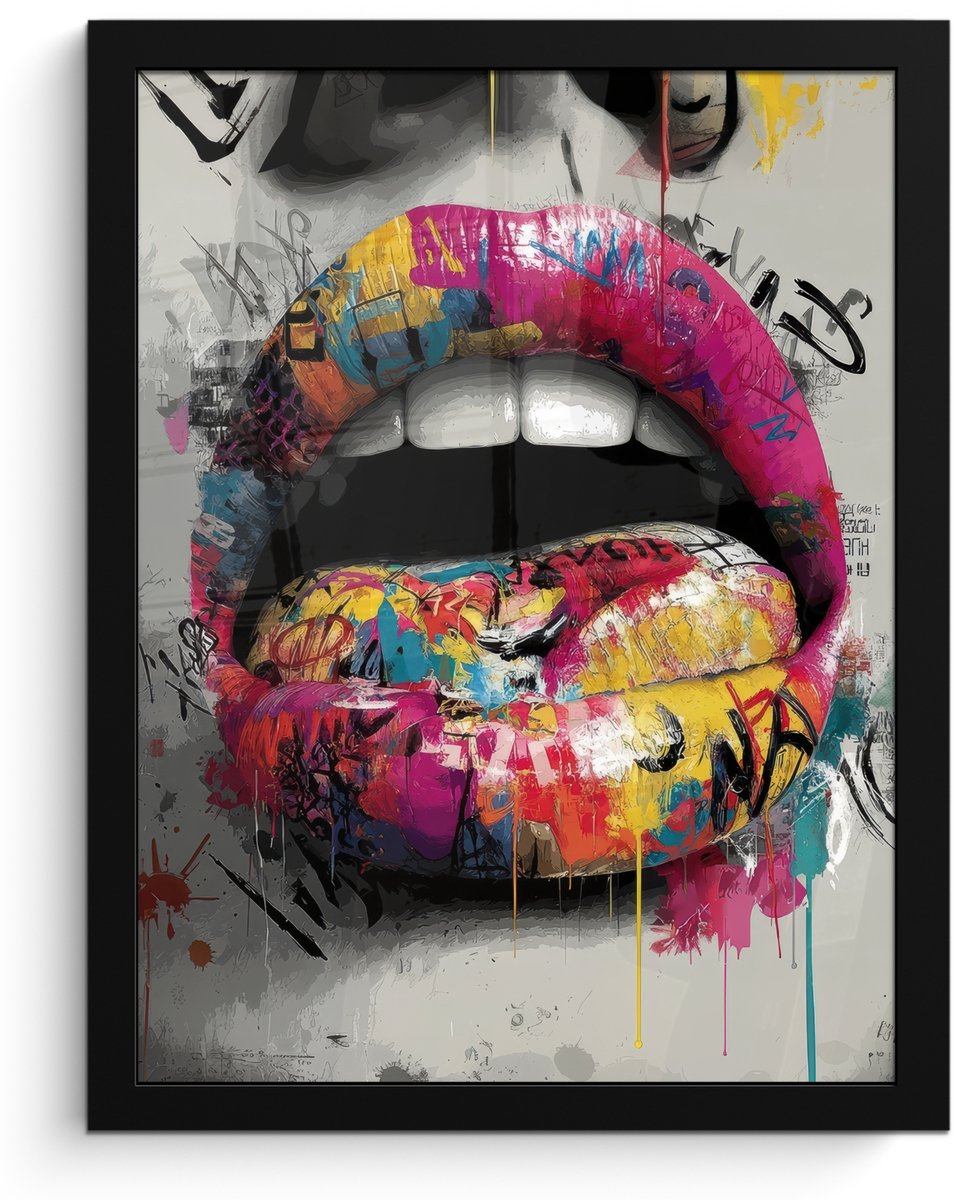 FrameYourWall Poster in lijst - Fotolijst 30x40 cm - Posters - Lippen - Graffiti - Expressief - Posterlijst zwart - Decoratie - Wanddecoratie woonkamer - Muurdecoratie slaapkamer