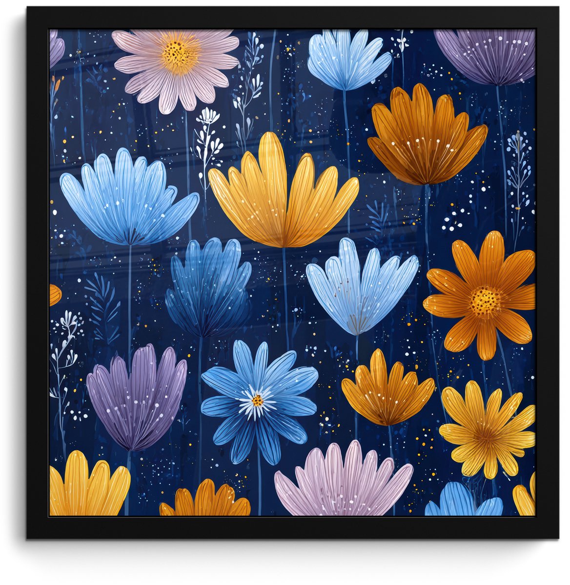 FrameYourWall Poster in lijst - Fotolijst 40x40 cm - Posters - Bloemen - Patroon - Blauw - Contrast - Posterlijst zwart - Decoratie - Wanddecoratie woonkamer - Muurdecoratie slaapkamer Bloemen - Patroon - Contrast