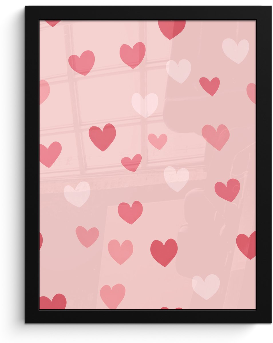 FrameYourWall Poster in lijst - Fotolijst 30x40 cm - Posters - Hartjes - Patroon - Roze - Eenvoudig - Posterlijst zwart - Decoratie - Wanddecoratie woonkamer - Muurdecoratie slaapkamer