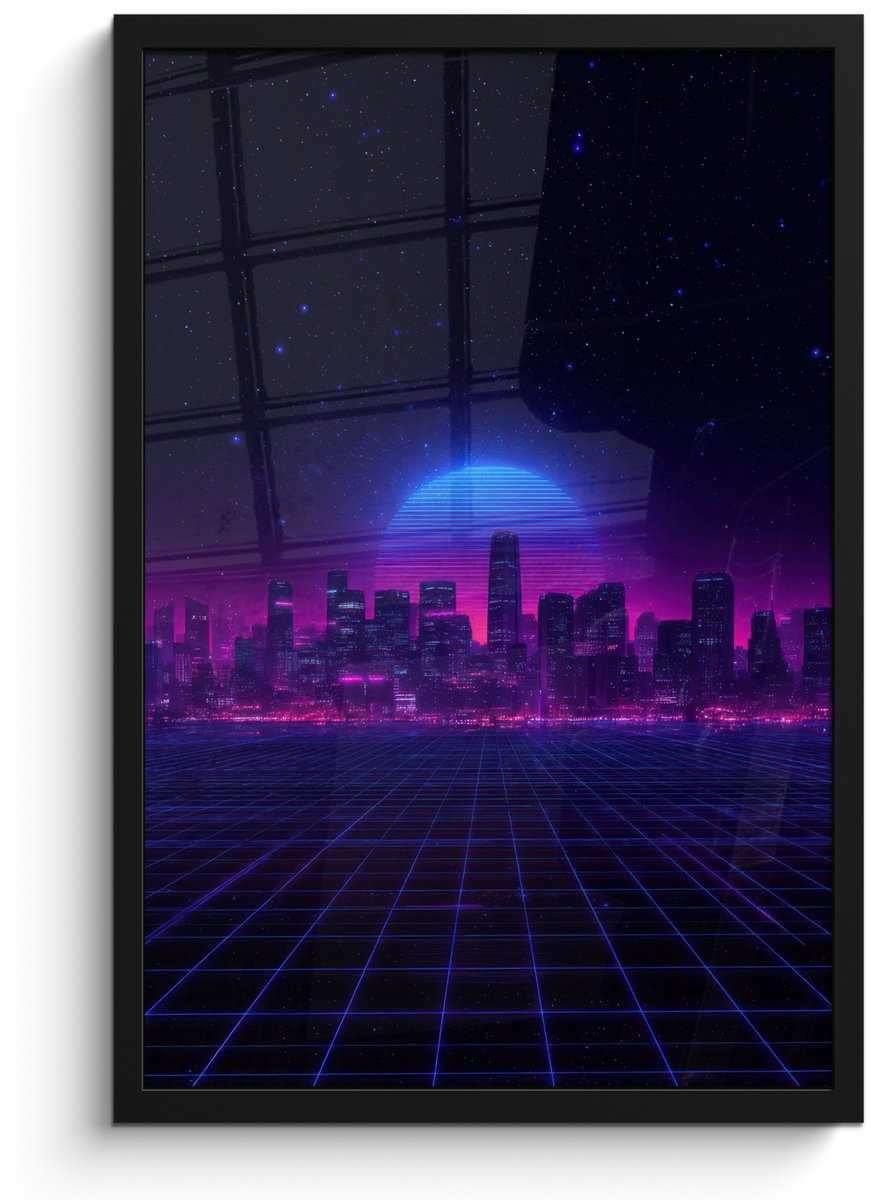 FrameYourWall Poster in lijst - Fotolijst 40x60 cm - Posters - Skyline - Zon - Neon - Rasterpatroon - Posterlijst zwart - Decoratie - Wanddecoratie woonkamer - Muurdecoratie slaapkamer Stad - Sterrenhemel - Neon