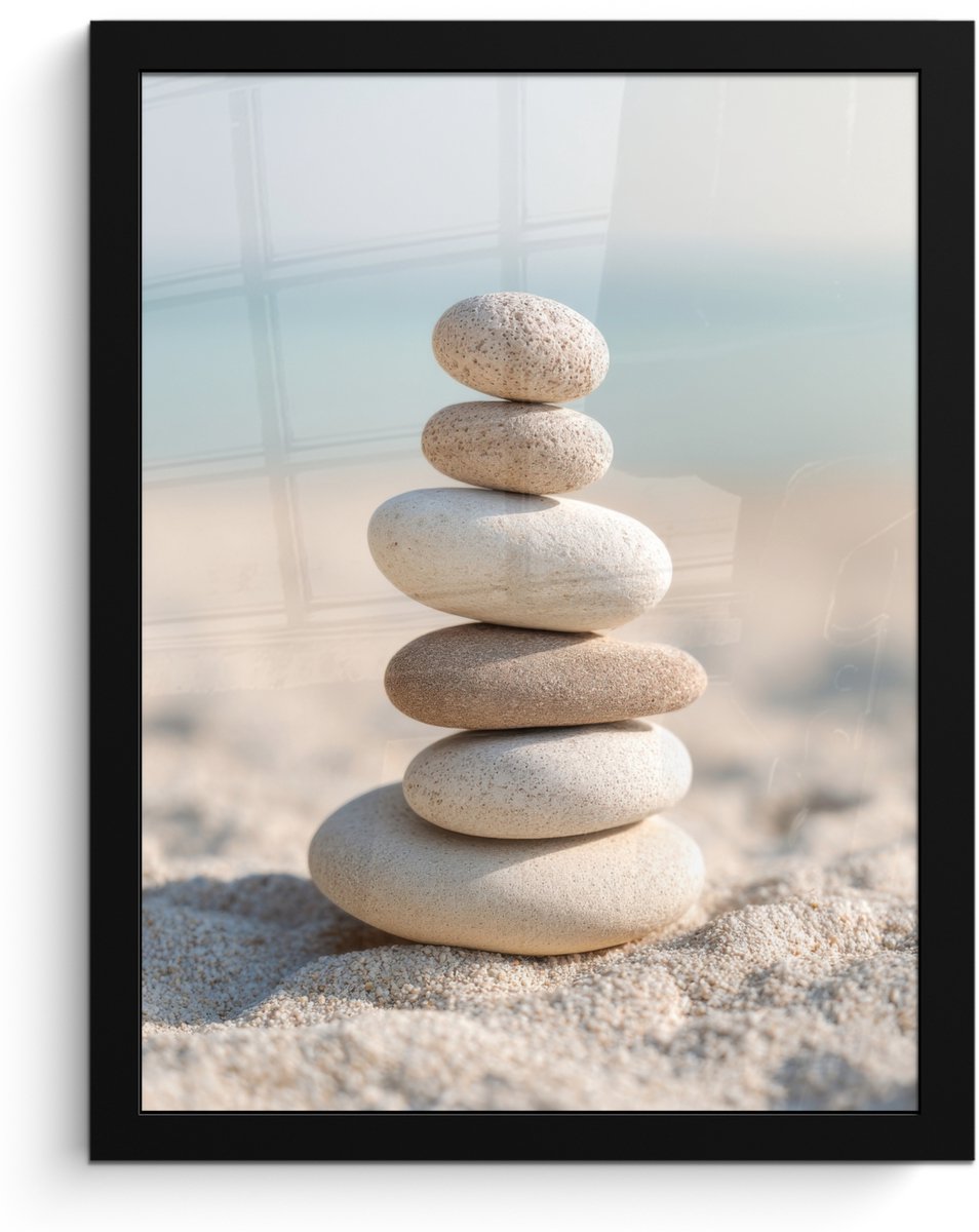 FrameYourWall Poster in lijst - Fotolijst 30x40 cm - Posters - Stenen - Stapel - Zand - Zee - Posterlijst zwart - Decoratie - Wanddecoratie woonkamer - Muurdecoratie slaapkamer