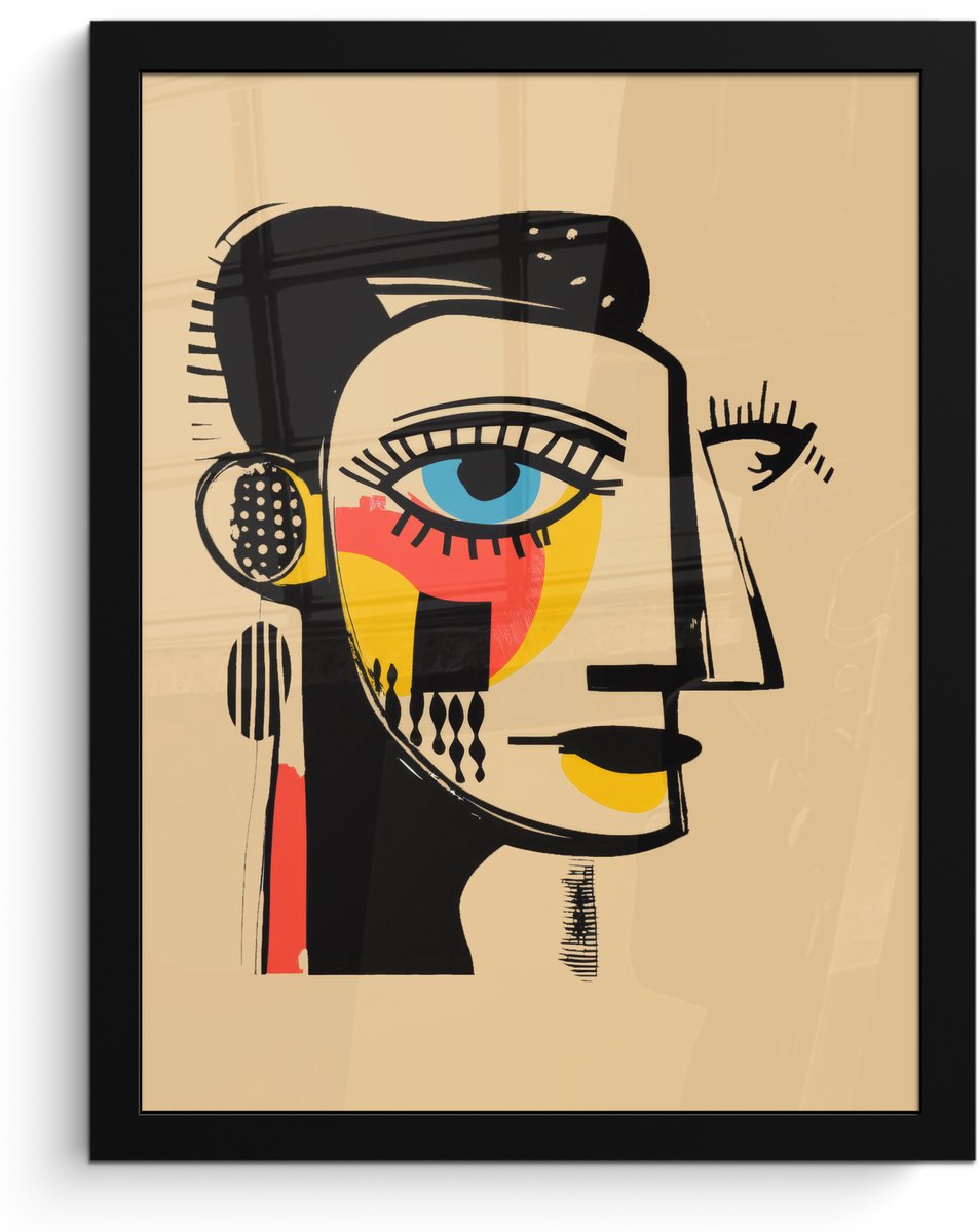 FrameYourWall Poster in lijst - Fotolijst 30x40 cm - Posters - Geometrisch - Felle kleuren - Kubistische stijl - Posterlijst zwart - Decoratie - Wanddecoratie woonkamer - Muurdecoratie slaapkamer Gezicht - Kunst