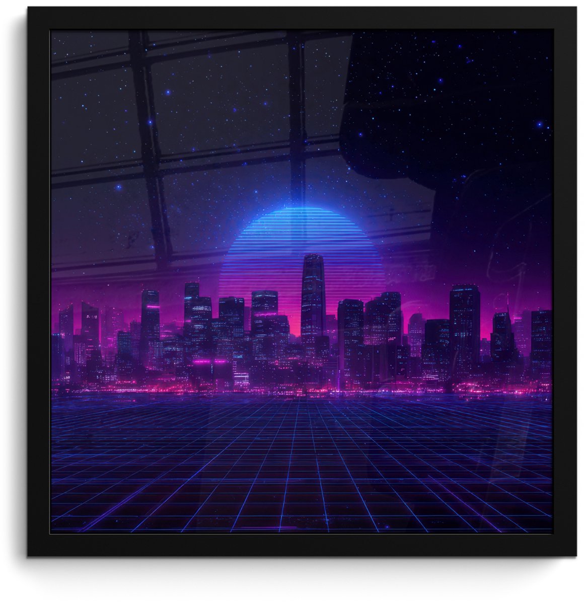 FrameYourWall Poster in lijst - Fotolijst 40x40 cm - Posters - Skyline - Zon - Neon - Rasterpatroon - Posterlijst zwart - Decoratie - Wanddecoratie woonkamer - Muurdecoratie slaapkamer Stad - Sterrenhemel - Neon