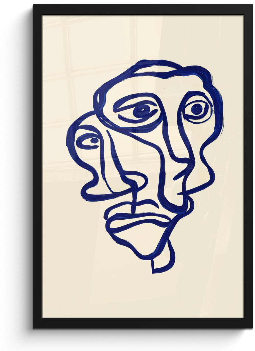 FrameYourWall Poster in lijst - Fotolijst 40x60 cm - Posters - Lijntekening - Overlappende gezichten - Donkerblauw - Posterlijst zwart - Decoratie - Wanddecoratie woonkamer - Muurdecoratie slaapkamer Overlappend - Gezichten