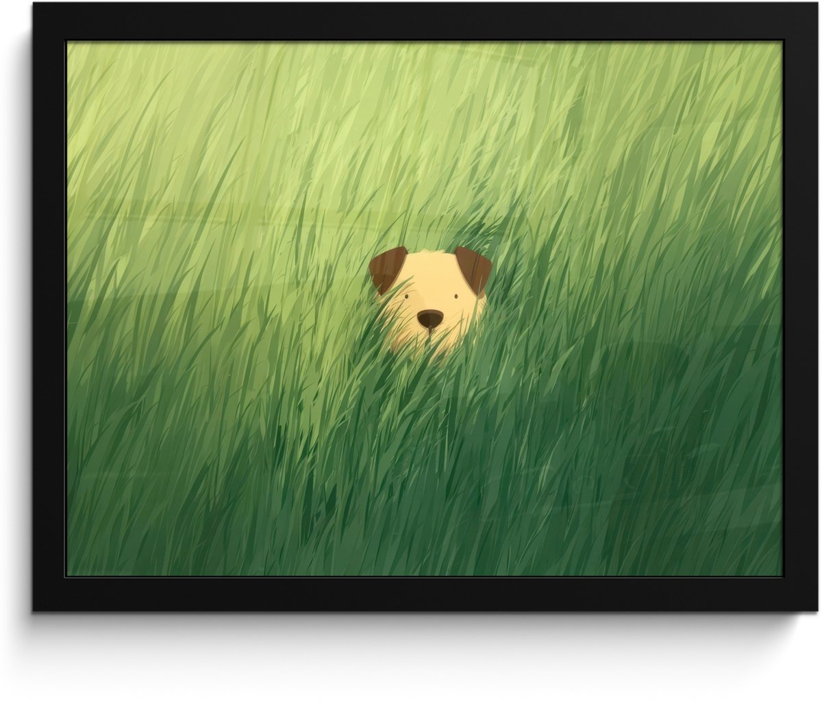 FrameYourWall Poster in lijst - Fotolijst 40x30 cm - Posters - Hondje - Gras - Oren - Bruin - Posterlijst zwart - Decoratie - Wanddecoratie woonkamer - Muurdecoratie slaapkamer - Kerstversiering - Kerstdecoratie voor binnen - Kerstmis