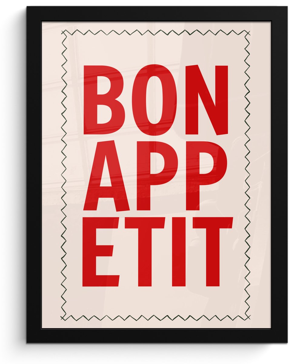 FrameYourWall Poster in lijst - Fotolijst 30x40 cm - Posters - Blokletters - Rood - Kartelrand - Posterlijst zwart - Decoratie - Wanddecoratie woonkamer - Muurdecoratie slaapkamer Blokletters - Bonappetit