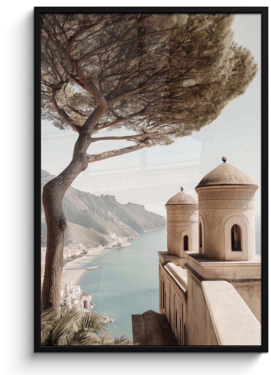 FrameYourWall Poster in lijst - Fotolijst 80x120 cm - Posters - Kust - Klif - Boom - Gebouw - Posterlijst zwart - Decoratie - Wanddecoratie woonkamer - Muurdecoratie slaapkamer Kust - Boom - Gebouw
