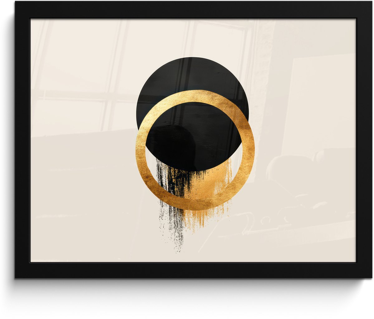 FrameYourWall Poster in lijst - Fotolijst 40x30 cm - Posters - Abstract ontwerp - Zwarte cirkel - Verfvlekken - Posterlijst zwart - Decoratie - Wanddecoratie woonkamer - Muurdecoratie slaapkamer Cirkels - Verfvlekken