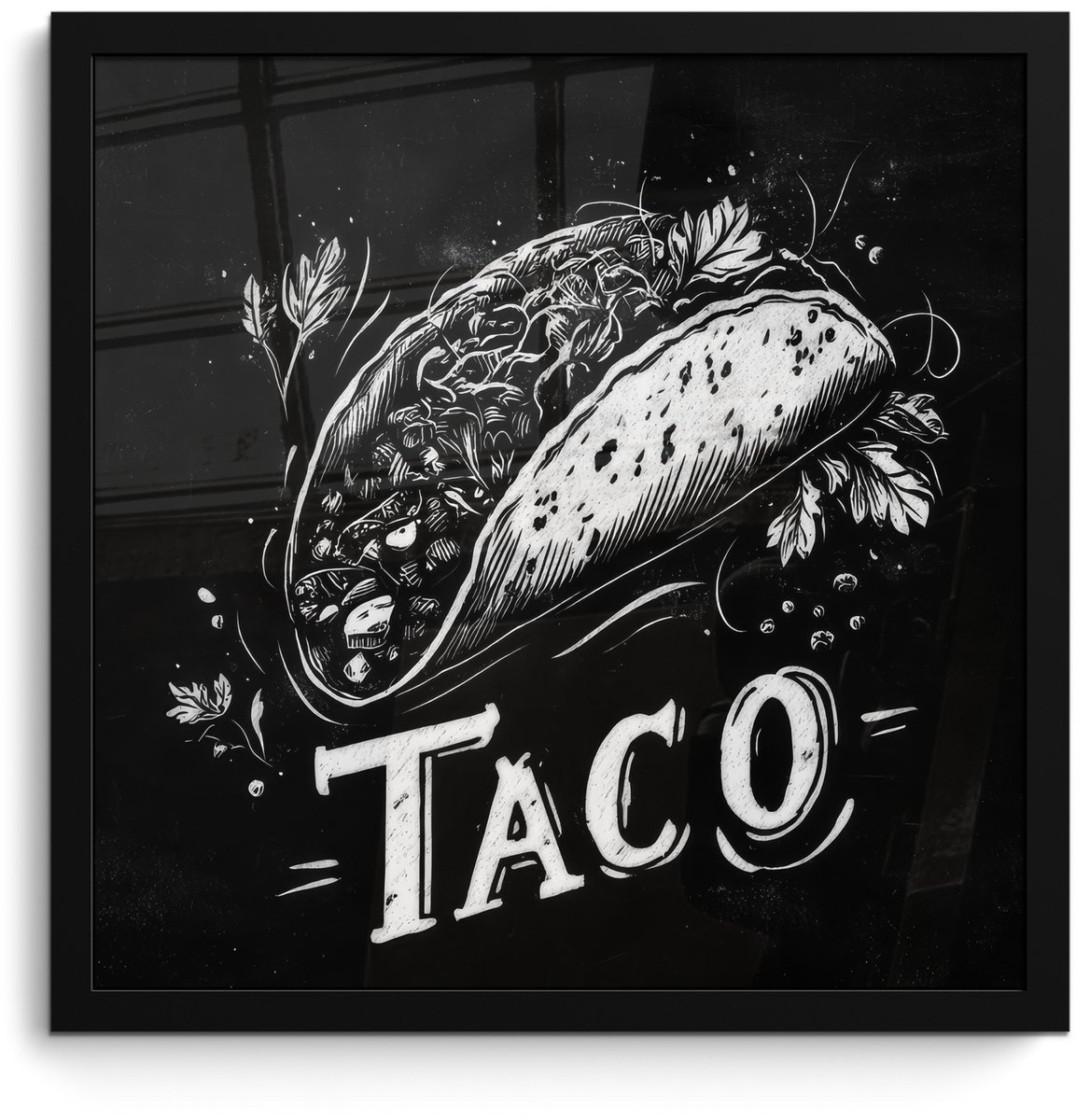 FrameYourWall Poster in lijst - Fotolijst 40x40 cm - Posters - Taco - Kruiden - Witte krijtstijl - Tekst - Posterlijst zwart - Decoratie - Wanddecoratie woonkamer - Muurdecoratie slaapkamer
