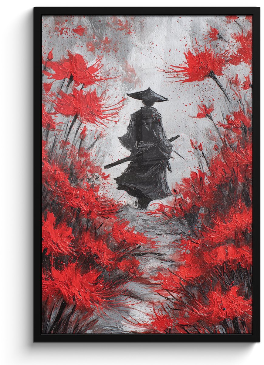 FrameYourWall Poster in lijst - Fotolijst 60x90 cm - Posters - Rode bloemen - mistig - Man - Posterlijst zwart - Decoratie - Wanddecoratie woonkamer - Muurdecoratie slaapkamer Bloemen - Man - Mistig