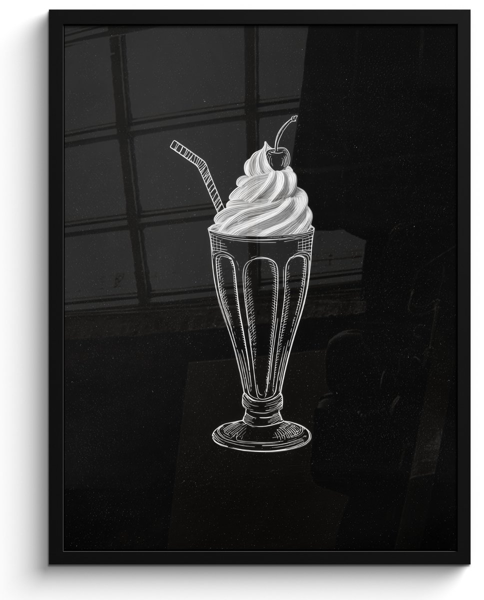 FrameYourWall Poster in lijst - Fotolijst 60x80 cm - Posters - Ijscoupe - Kers - Krijtstijl - Slagroom - Posterlijst zwart - Decoratie - Wanddecoratie woonkamer - Muurdecoratie slaapkamer Ijscoupe - Kers - Slagroom