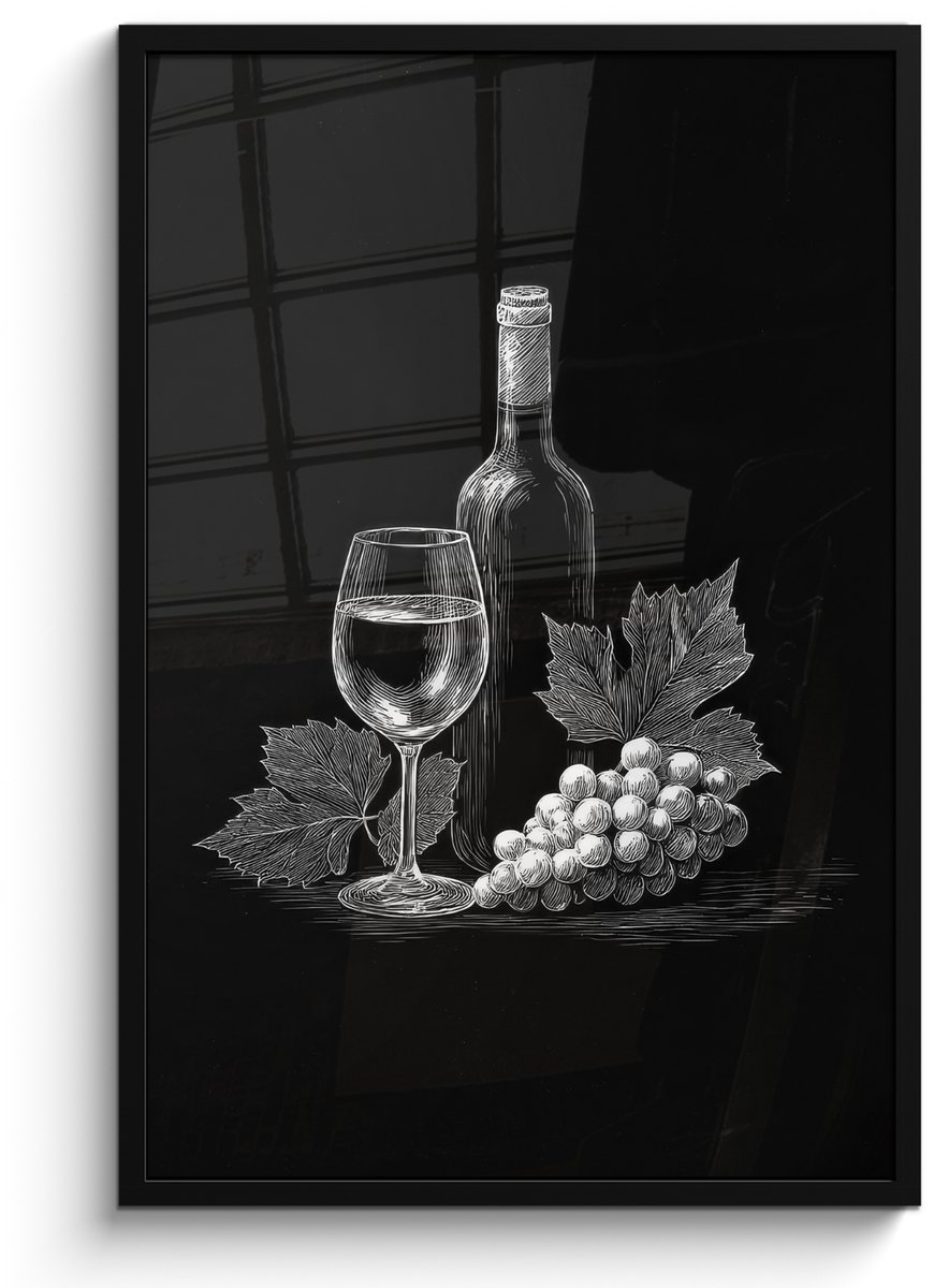 FrameYourWall Poster in lijst - Fotolijst 60x90 cm - Posters - Wijnfles - Glas - Druiven - Bladeren - Posterlijst zwart - Decoratie - Wanddecoratie woonkamer - Muurdecoratie slaapkamer Wijnfles - Druiven