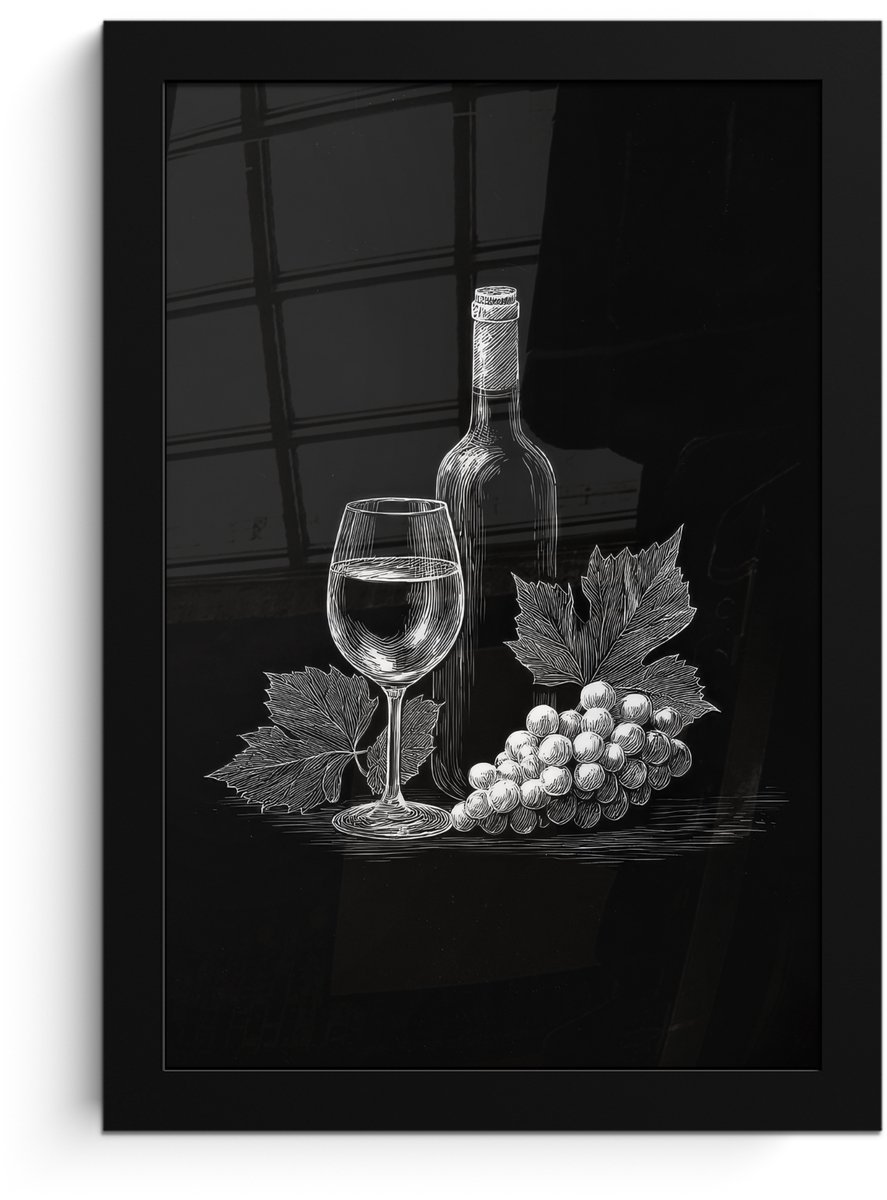 FrameYourWall Poster in lijst - Fotolijst 20x30 cm - Posters - Wijnfles - Glas - Druiven - Bladeren - Posterlijst zwart - Decoratie - Wanddecoratie woonkamer - Muurdecoratie slaapkamer Wijnfles - Druiven