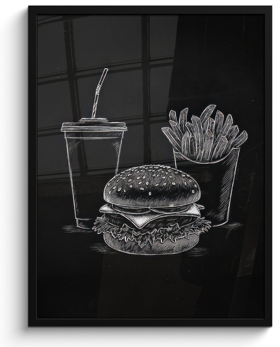 FrameYourWall Poster in lijst - Fotolijst 60x80 cm - Posters - Hamburger - Friet - Frisdrank - Krijttekening - Posterlijst zwart - Decoratie - Wanddecoratie woonkamer - Muurdecoratie slaapkamer