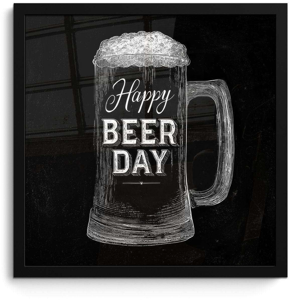 FrameYourWall Poster in lijst - Fotolijst 40x40 cm - Posters - Bierpul - Witte krijtletters - Happy beer day - Posterlijst zwart - Decoratie - Wanddecoratie woonkamer - Muurdecoratie slaapkamer Bierpul - Happy beer day