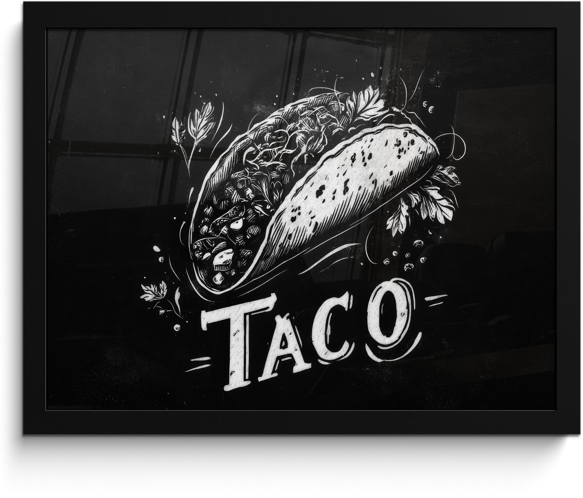 FrameYourWall Poster in lijst - Fotolijst 40x30 cm - Posters - Taco - Kruiden - Witte krijtstijl - Tekst - Posterlijst zwart - Decoratie - Wanddecoratie woonkamer - Muurdecoratie slaapkamer